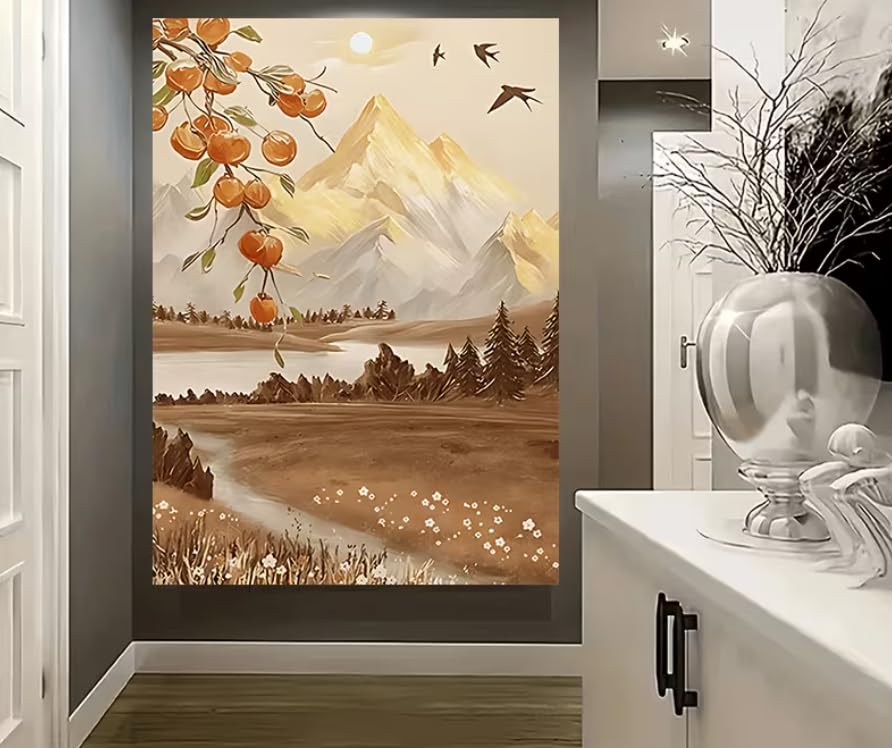 HFEWQM Leinwanddruck Gemälde Herbstliche verschneite Berge Kakis Schwalben Wandkunst für Wohnzimmer Büro Dekoration (70x100cm/Rahmenlos)