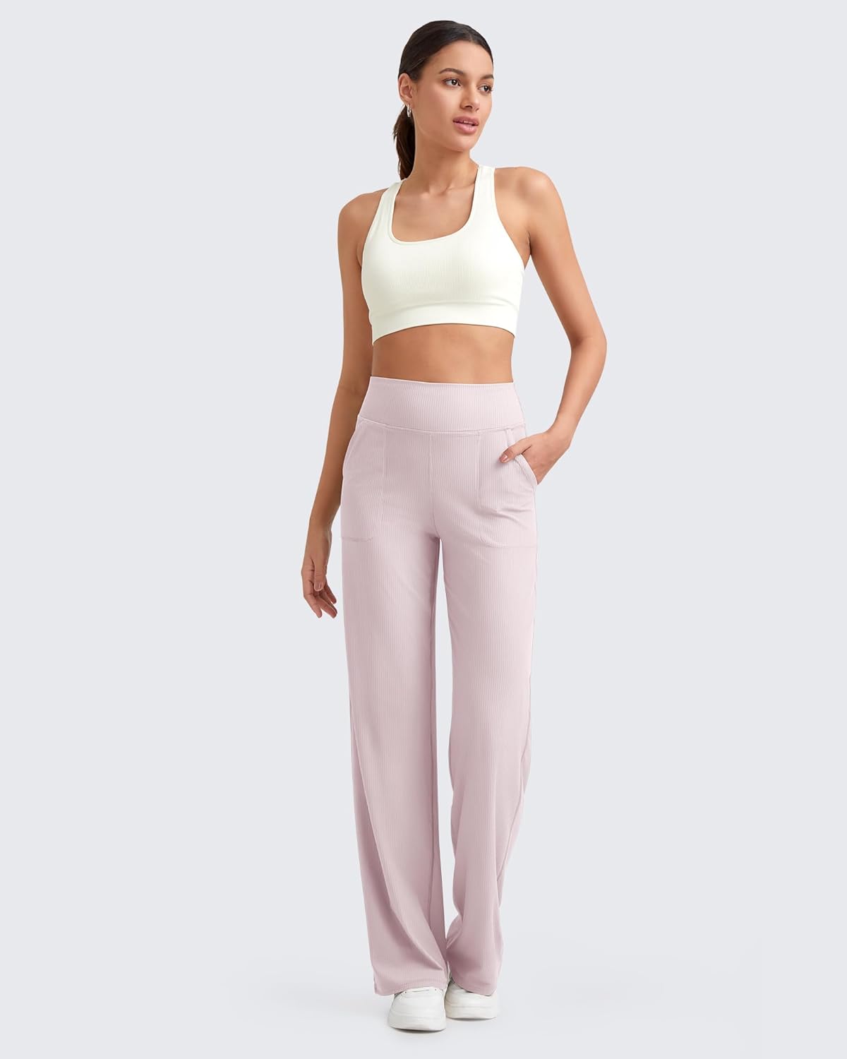 G4Free Women's Ribbed Knit Wide Leg Pants with Pockets Lightweight Stretchy Yoga Pants Casual Lounge