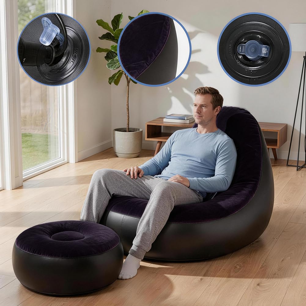 Divano gonfiabile con poggiapiedi, pouf gonfiabile, sedia gonfiabile, divano gonfiabile, poltrona gonfiabile per soggiorno, camera da letto, giardino (blu scuro)