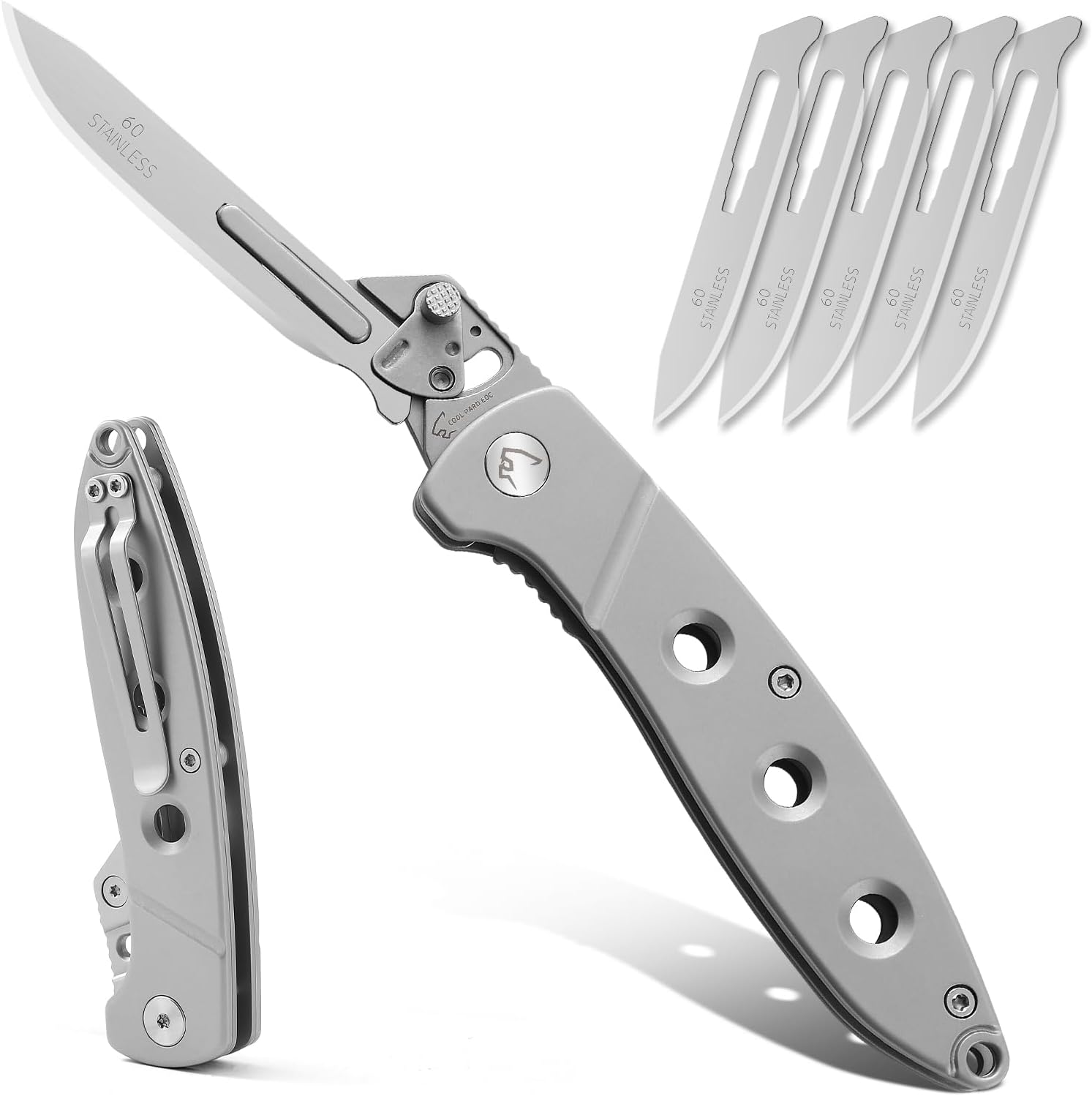 Folding Scalpel Pocket Knife ，EDC Utility Knife with 6pcs #60 Replaceable Blades, Outdoor Knife with Pocket Clip and Liner Lock，The Perfect Hunting Knife for Skinning Deer (Gray)