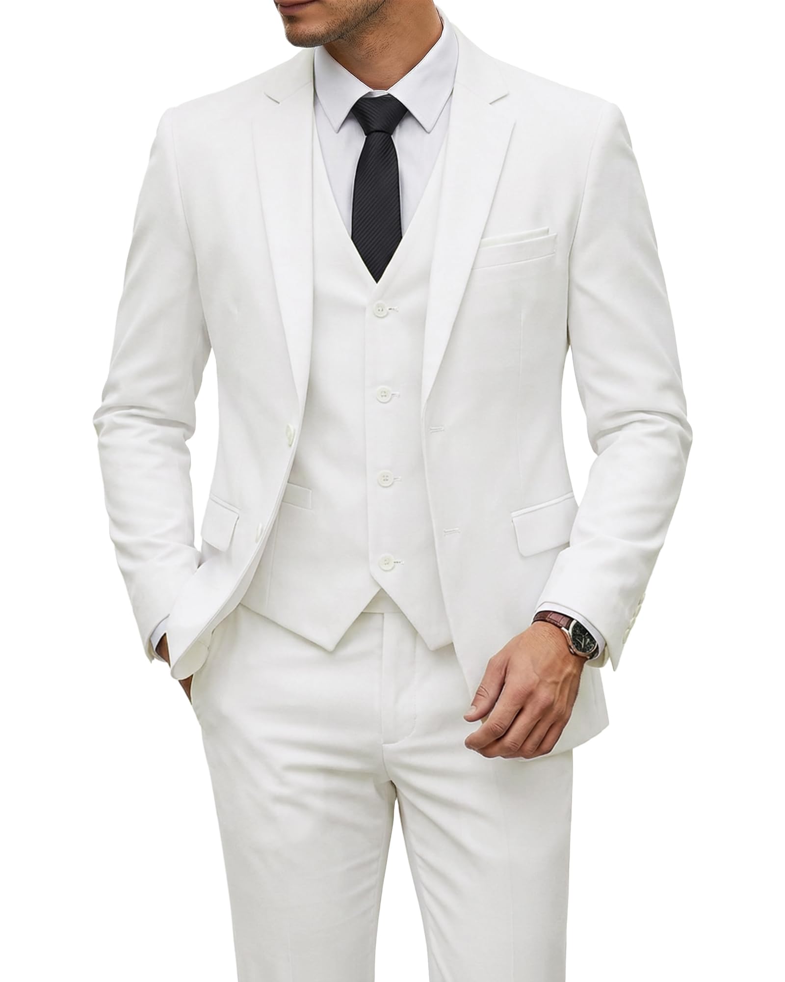 Men's 3 Piece Suit Set with Tie, 2 Button Slim Fit Solid Blazer Jacket Vest Pants, Business Wedding Party Suits for Men