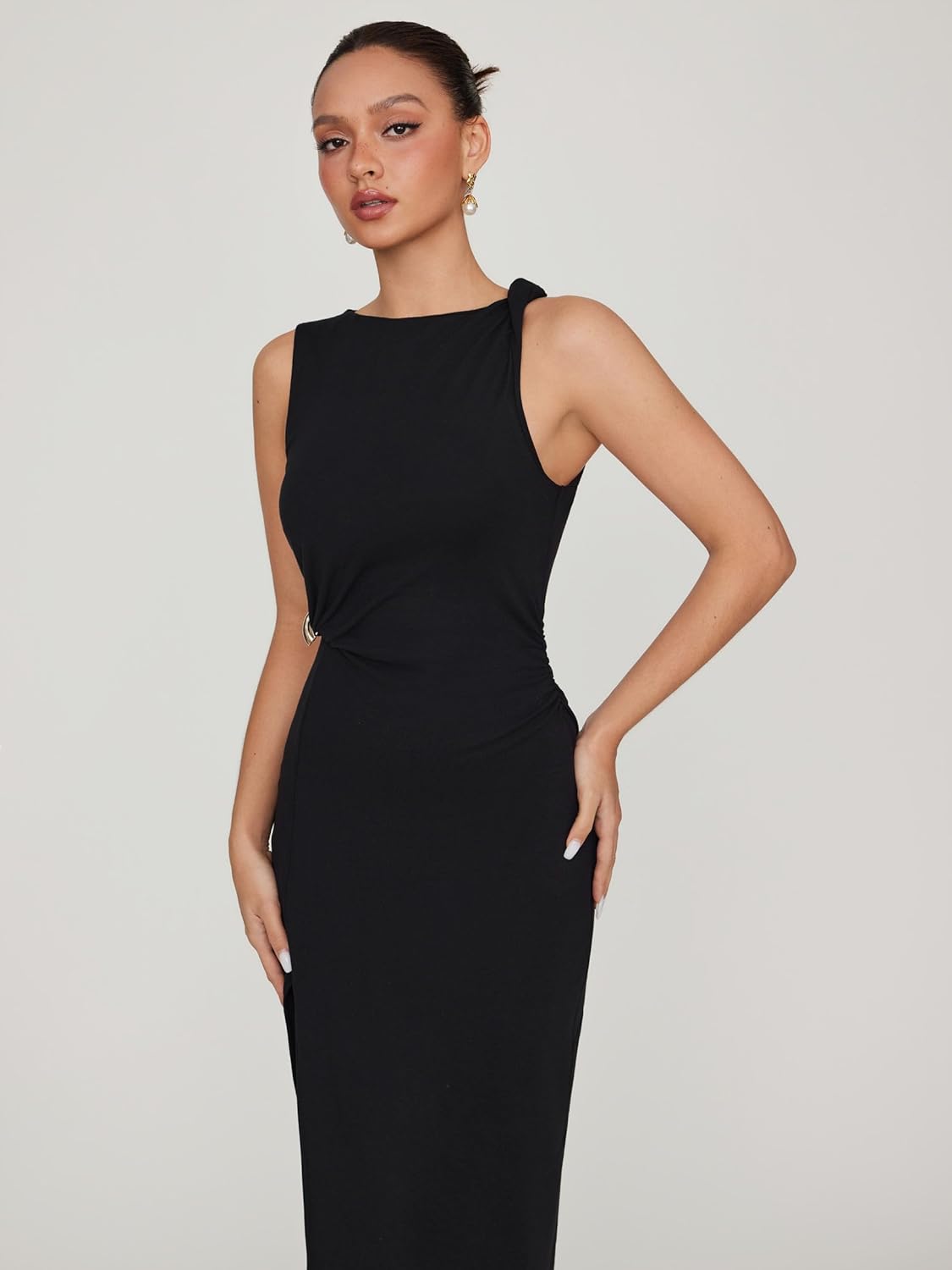 CIDER Womens Maxi Dresses Slit Boat Neck Sleeveless Ruched Waist Dresses Metal Decor Trendy Going Out Outfits - Image 4