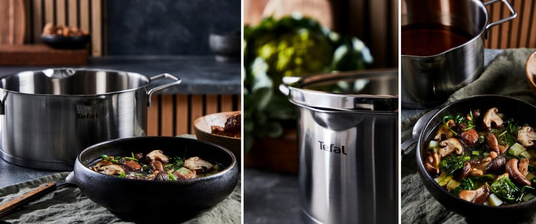 Tefal Nordica 10-teiliges Topfset, Kochgeschirr-Set, Stielkasserolle 16 cm + Kochtöpfe 18/20/22/24 cm aus Edelstahl + Glasdeckeln, Ausgießer, einfaches Abtropfen, Induktion