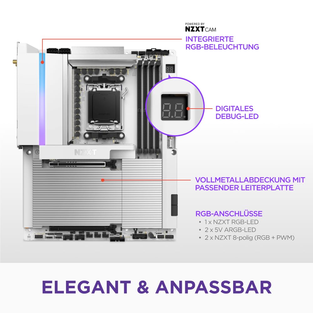 NZXT N9 X870E - AMD X870E AM5 ATX Mainboard - Weiß | AMD-ATX-Flaggschiff-Mainboard für Ryzen 9000/8000/7000. Wi-Fi 7, PCIe 5.0, DDR5, USB4 und RGB-Full-Cover für High-End.