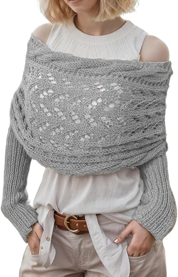 Scarf with Sleeves for Women,Wrap Sweater,Shrugs for Women,Women's Knitted Double Sleeve Scarf,Knitted Cable Wrap(Light Gray)