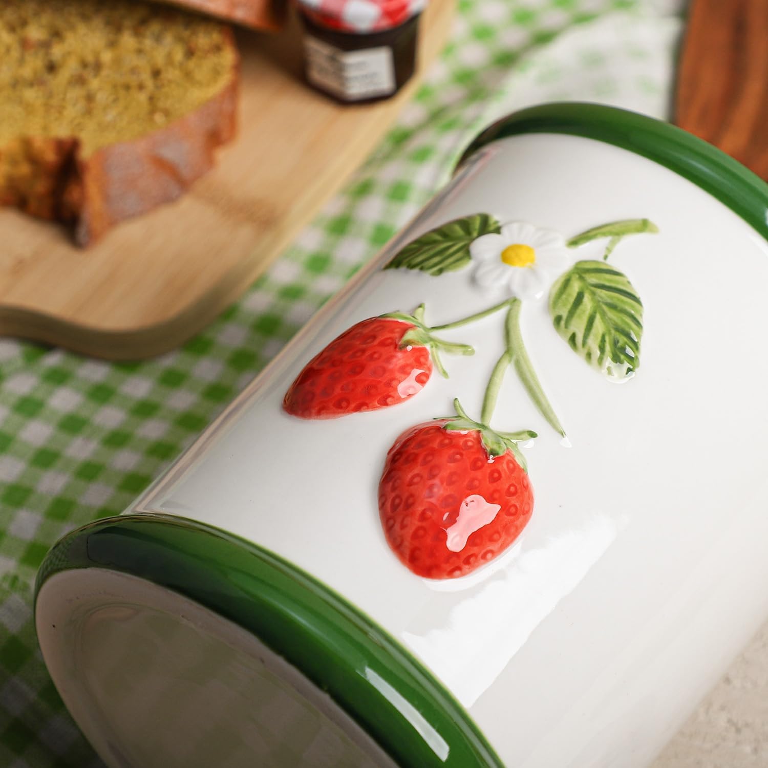 SOCOSY Ceramic Fruit Embossed Kitchen Utensil Holder For Countertop, Large Cooking Utensil Crock Holder Spatula Holder-Strawberry