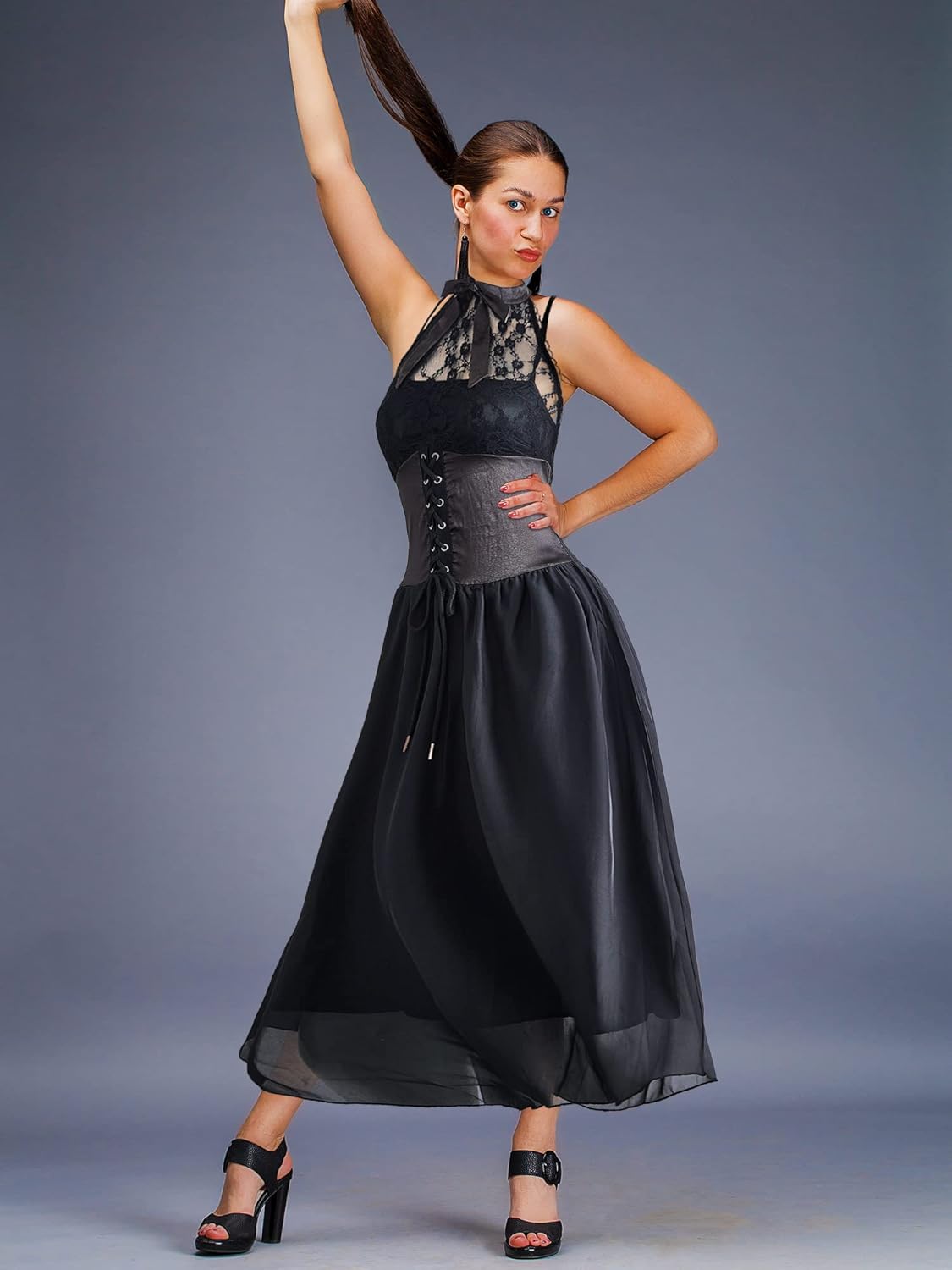 Zhanmai Women's Sleeveless Western Gothic Dress Black Costume with Corset Halter Lace Swing Cocktail Halloween Punk Cosplay - Image 7