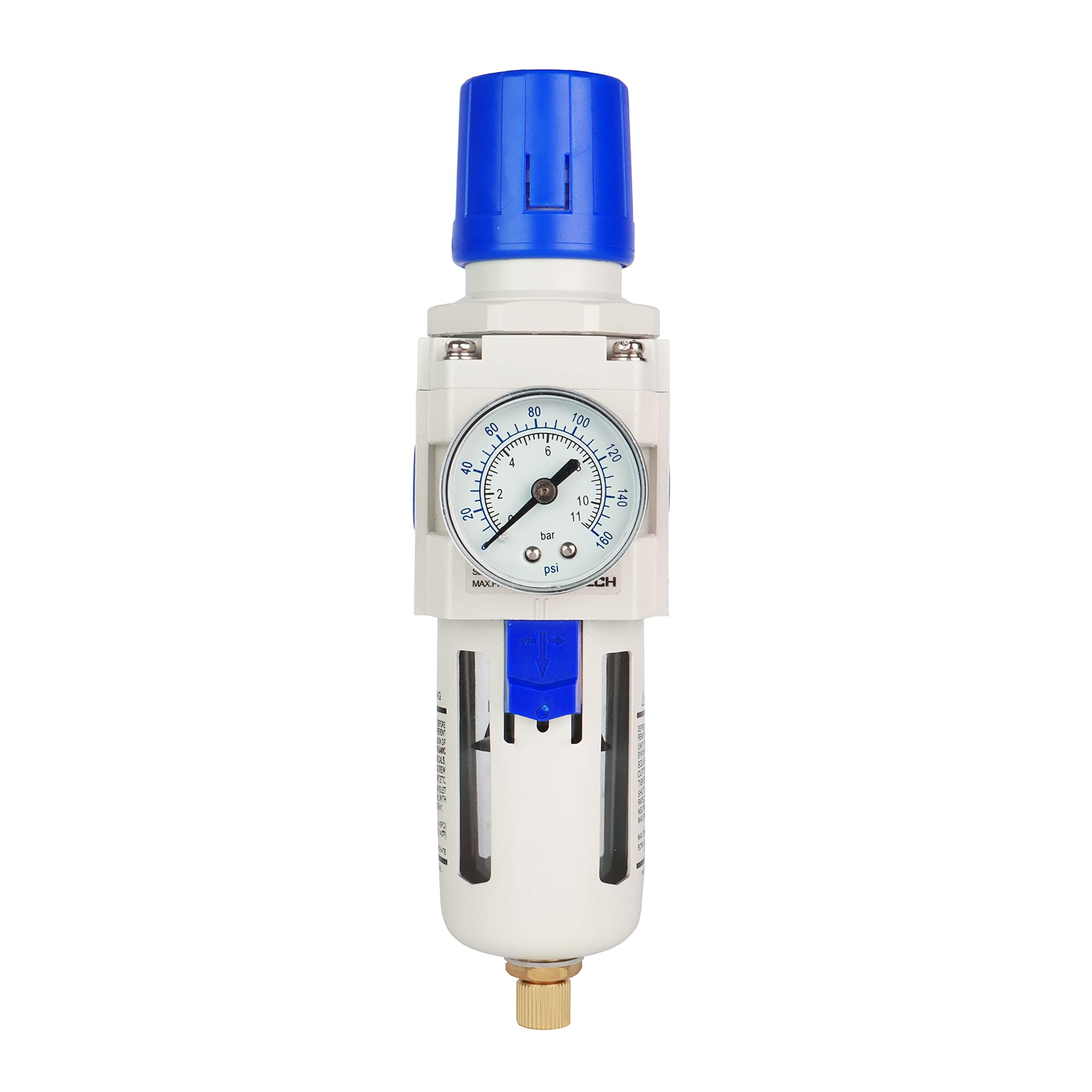 BLCH 3/8" BSP Drucklufttrockner - Druckregler und Kompressorfilter AW3000-03 mit halbautomatischem Wasserablass, Polycarbonat-Behälter, Manometer (0-160 PSI) und 5μm Messingfilter.