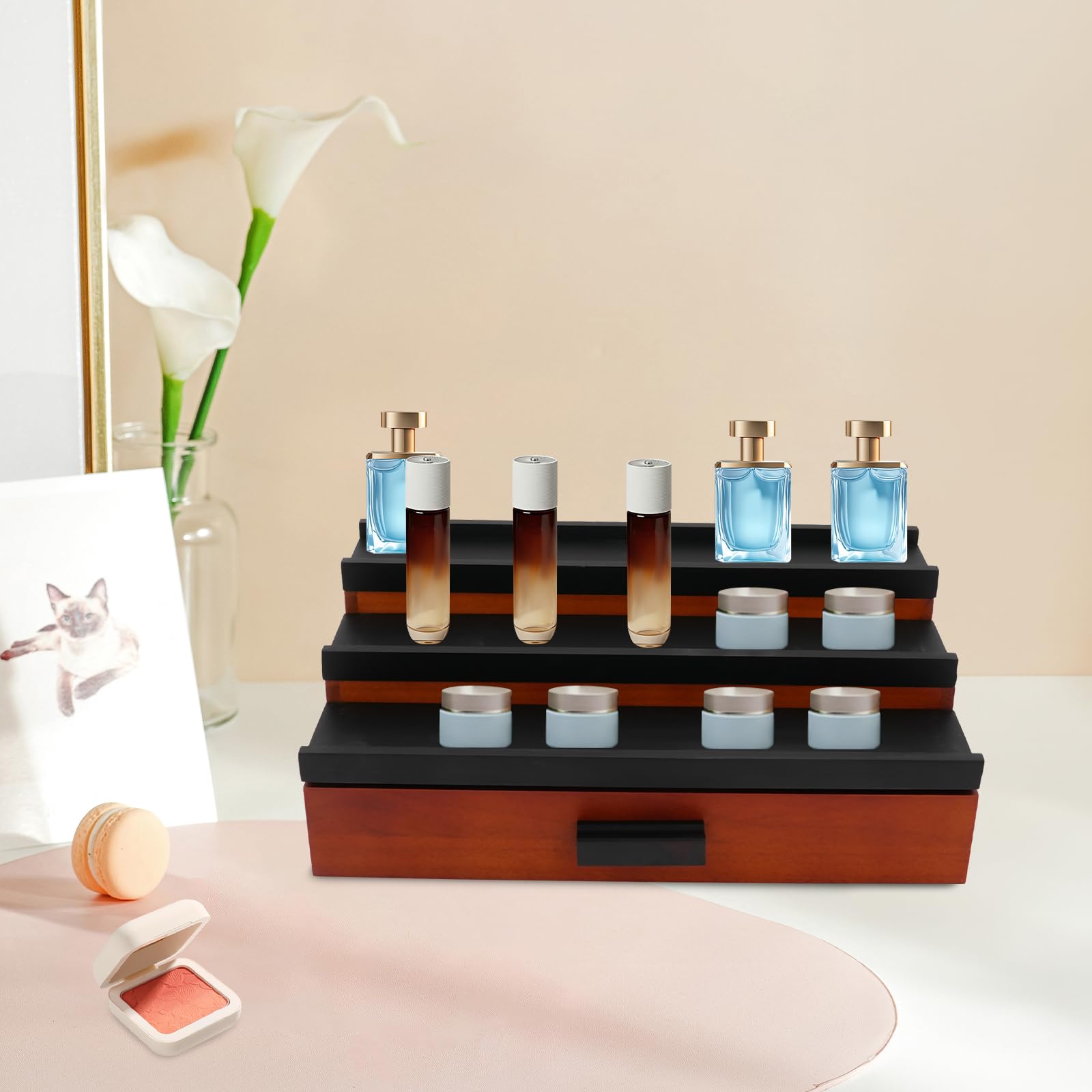 Organizador de perfume de madera de 3 niveles con cajón marrón