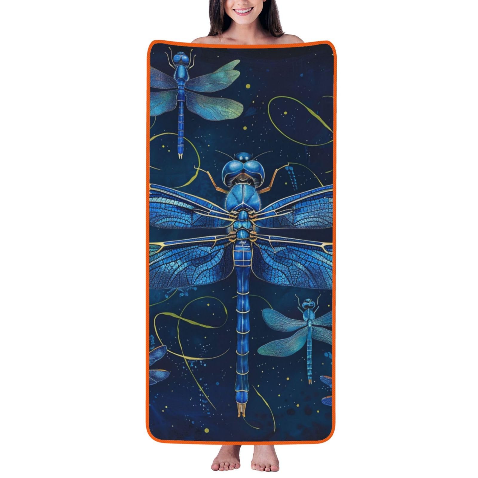 WPKJU Blue Dragonfly Printed Bath Towel with Orange Edging - 27x55 in Soft Extra Absorbent Coral Velvet Shower Towels for Bathroom