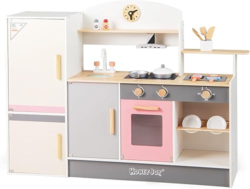 Miniatura 9 de HONEY JOY Juego de cocina para niños, cocina de madera 3 en 1 para niños pequeños, refrigerador y parrilla de barbacoa, campana extractora, estante