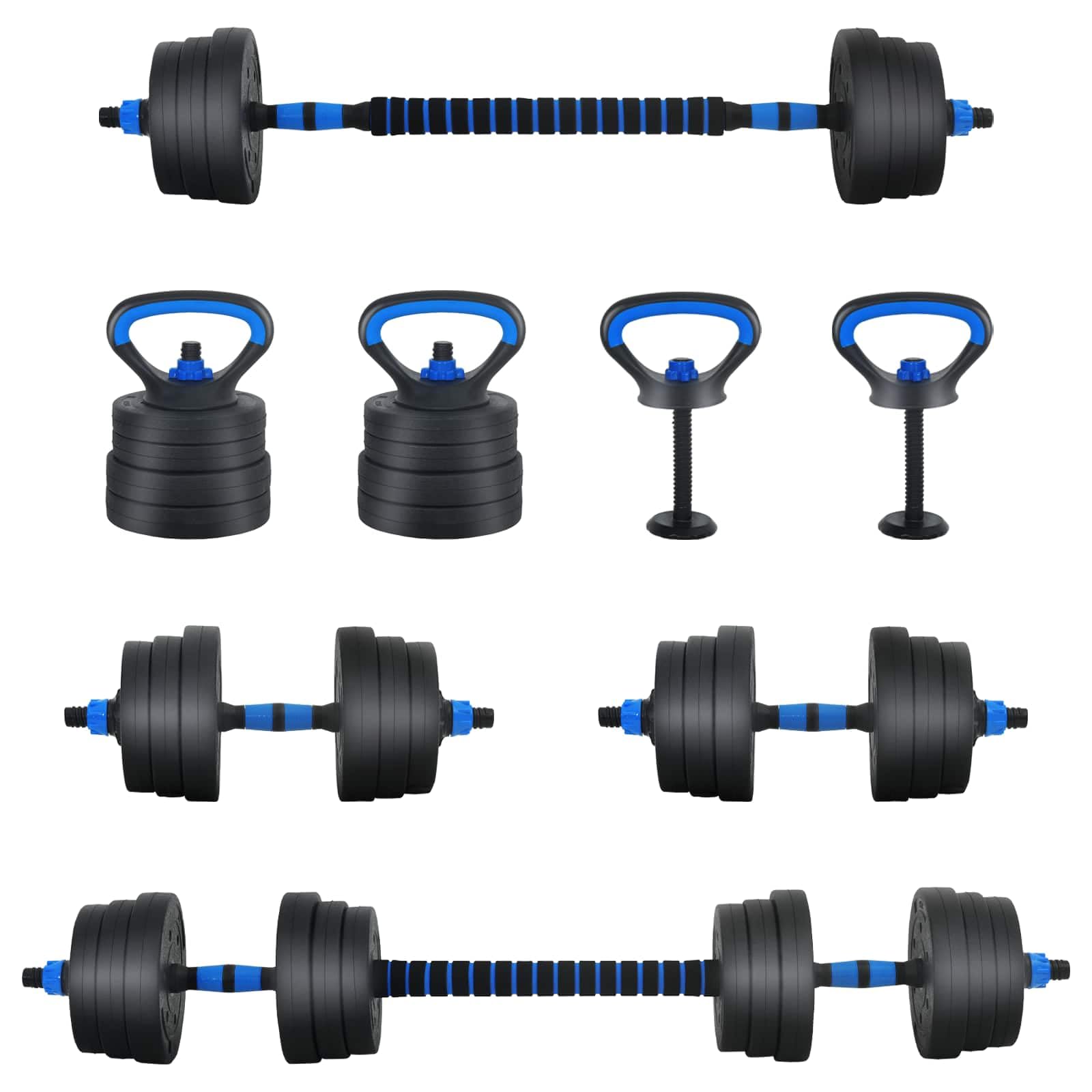 vidaXL Set di manubri, bilanciere e Kettlebell 4-in-1 20 kg Nero e Blu, Attrezzatura da casa, manubri Regolabili, Pesi per Allenamento, Fitness Indoor, Strumenti e Attrezzi salvaspazio