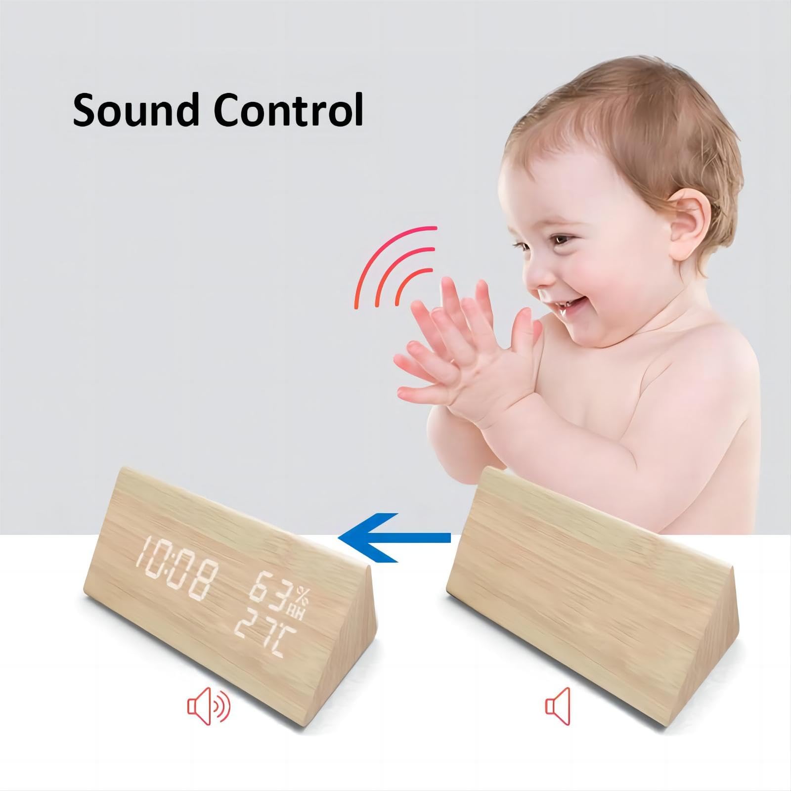 Reloj Despertador Digital, Madera ElectróNica Led Hora Fecha Temperatura Detección De Humedad 3 Configuraciones De Alarma 3 Niveles De Brillo para El Hogar Dormitorio Oficina