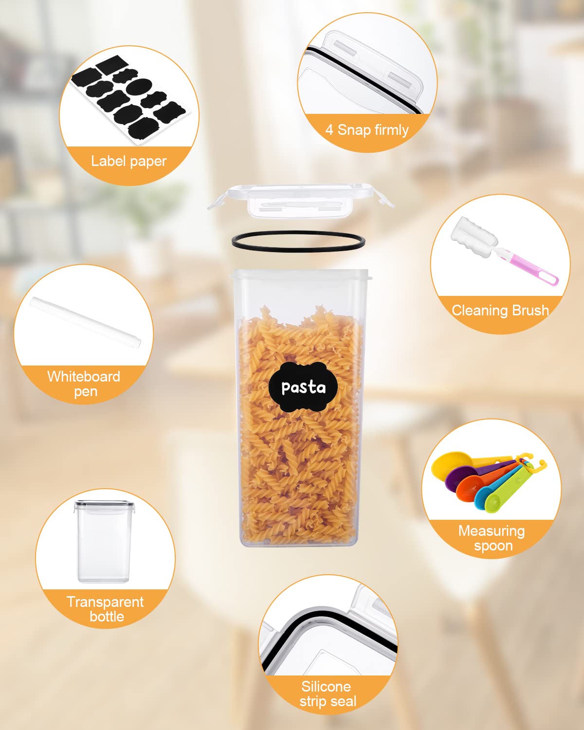 heuchaey Contenitori Alimentari per Cereali Set 20 Pezzi,Contenitori Plastica con Coperchio,Spazzole，Etichette e cucchiai，Barattoli Ermetici per Cereali,Muesli,Pasta（2.8L 2L 1.4L 0.8L 0.52L）