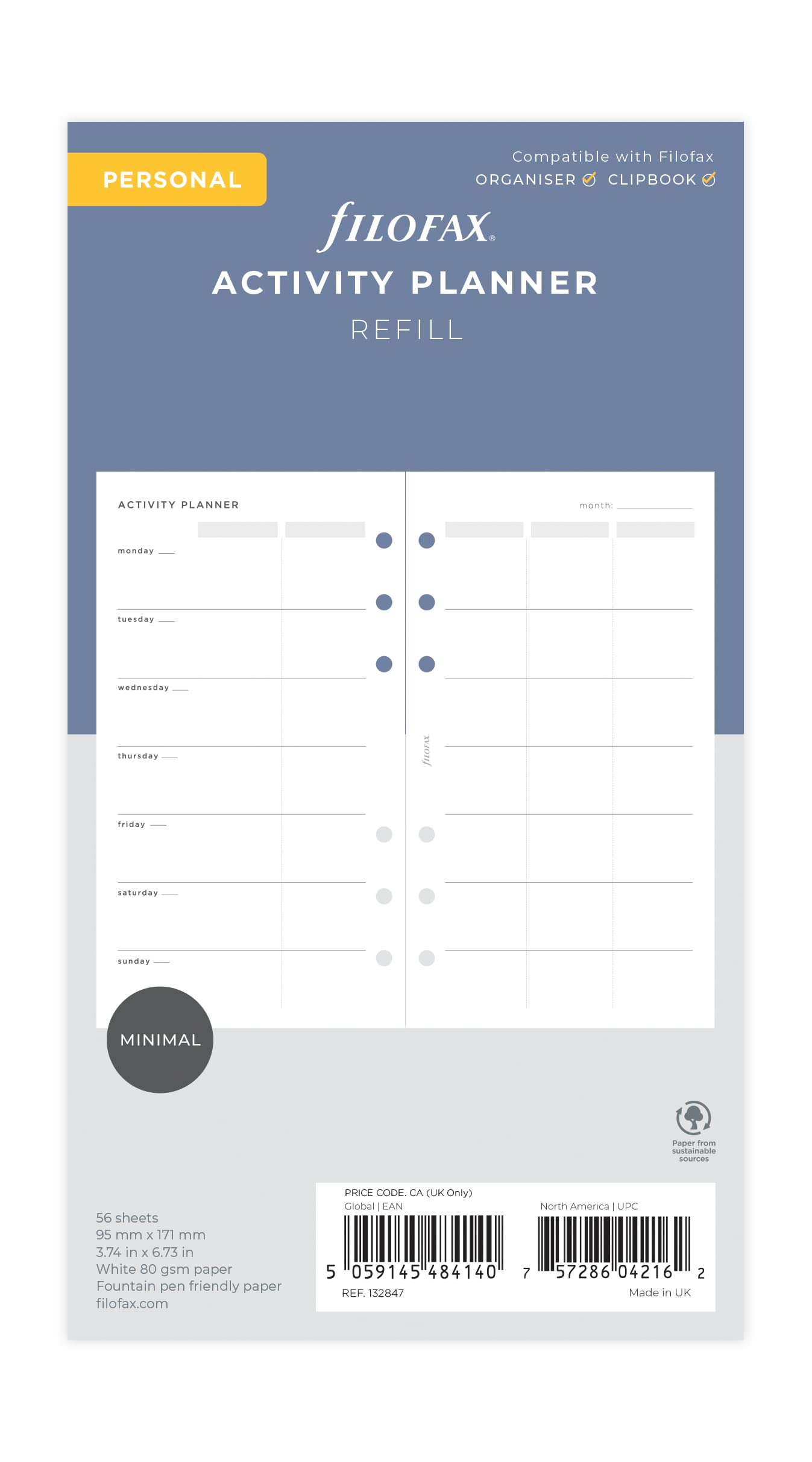 Filofax Personal Organiser Activity Planner Refill, White