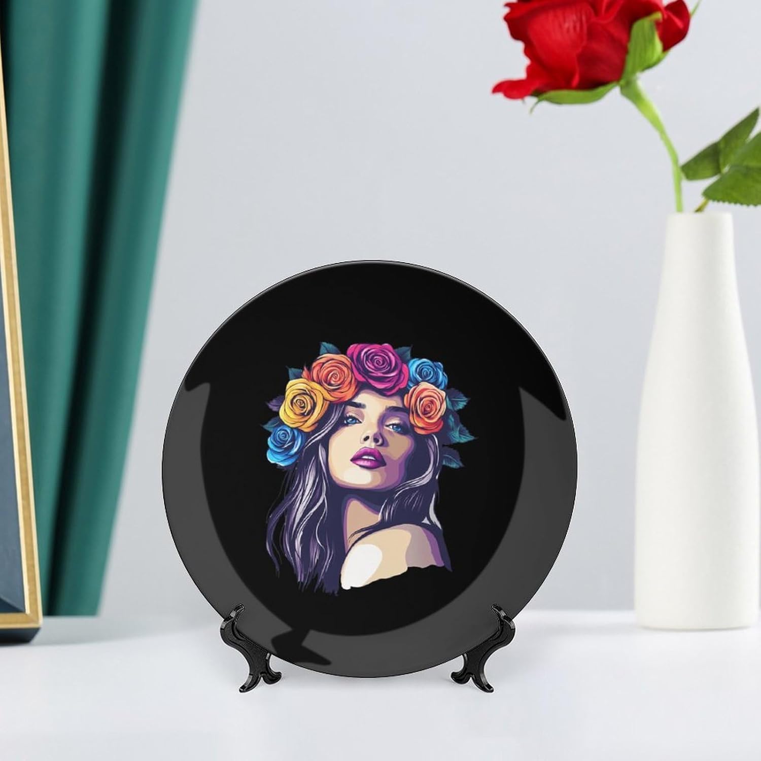 Women And Rose Decorative Plate Tray Decor Trinket Dish Bone China Dinner Plates for Home Office Kitchen