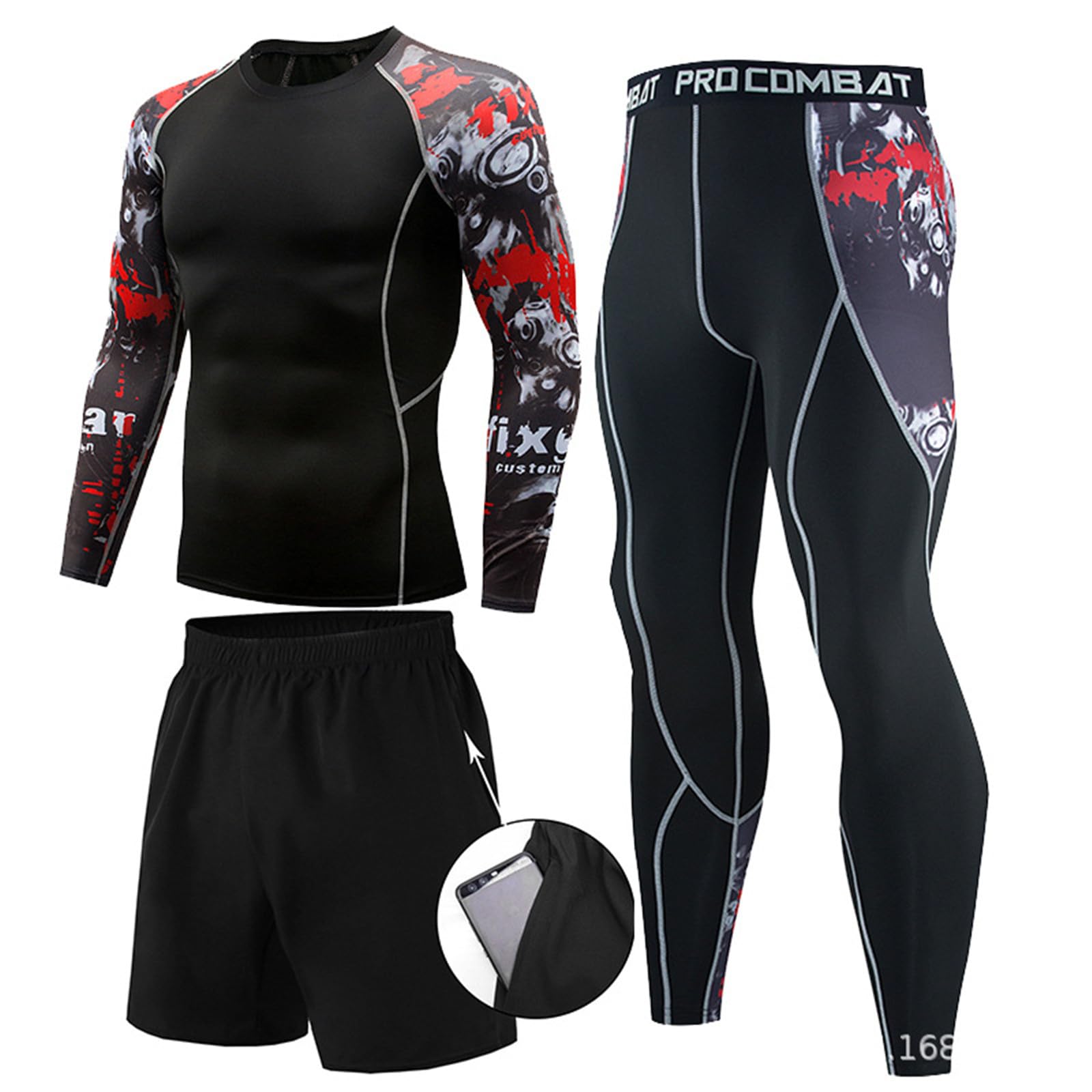 Set sportivi da corsa per uomo - Completi 3 pezzi Completi intimo a compressione con maglia e pantaloni per strato base Maglia da ciclismo da allenamento a manica lunga elasticizzata Cool Dry
