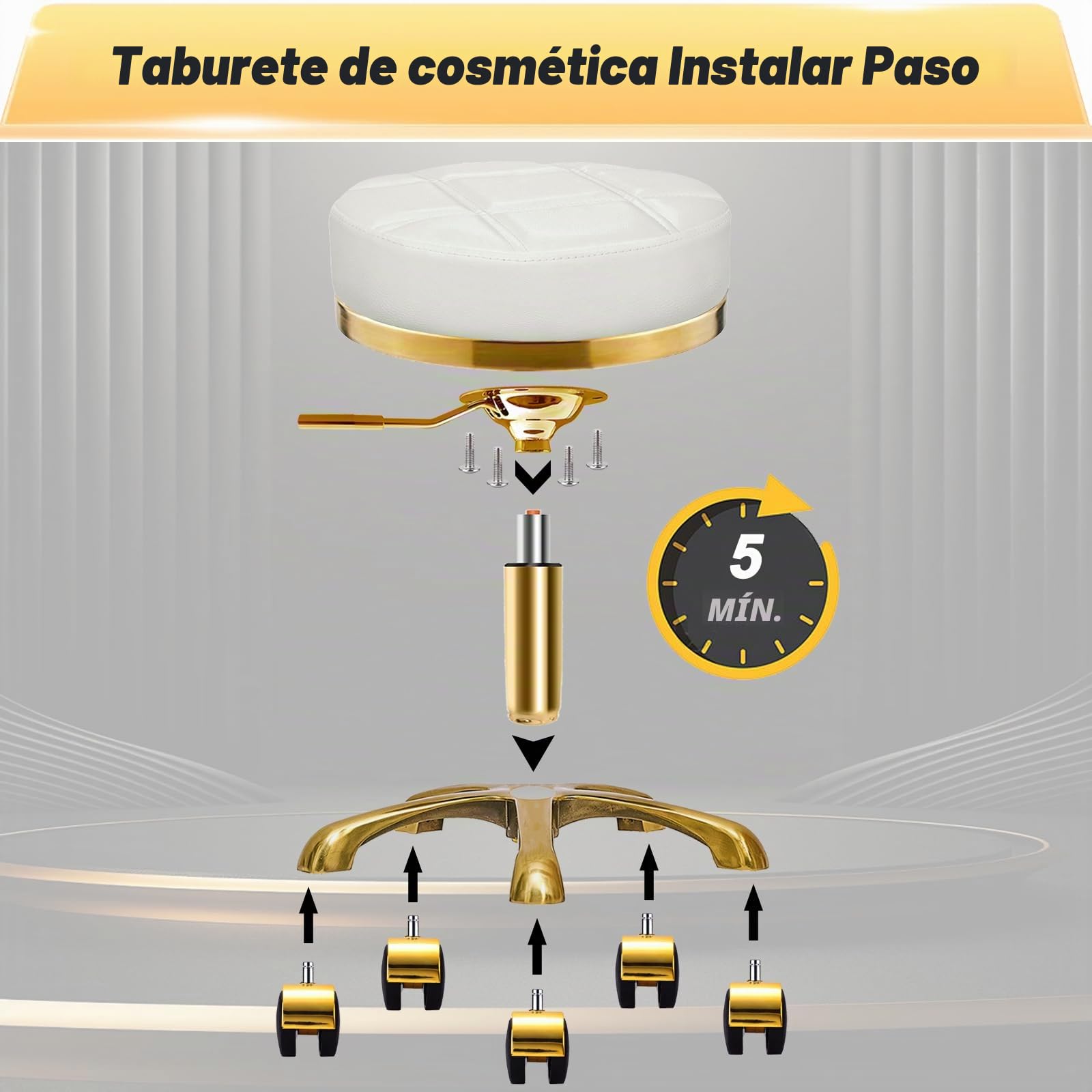 Dorado Taburete con Ruedas, Silla Giratoria Redondo de Cuero PU, Taburetes para Tocador, Oficina y Esteticista, Banqueta Regulable Altura de 45 a 58 cm (Blanco, Sin Respaldo)