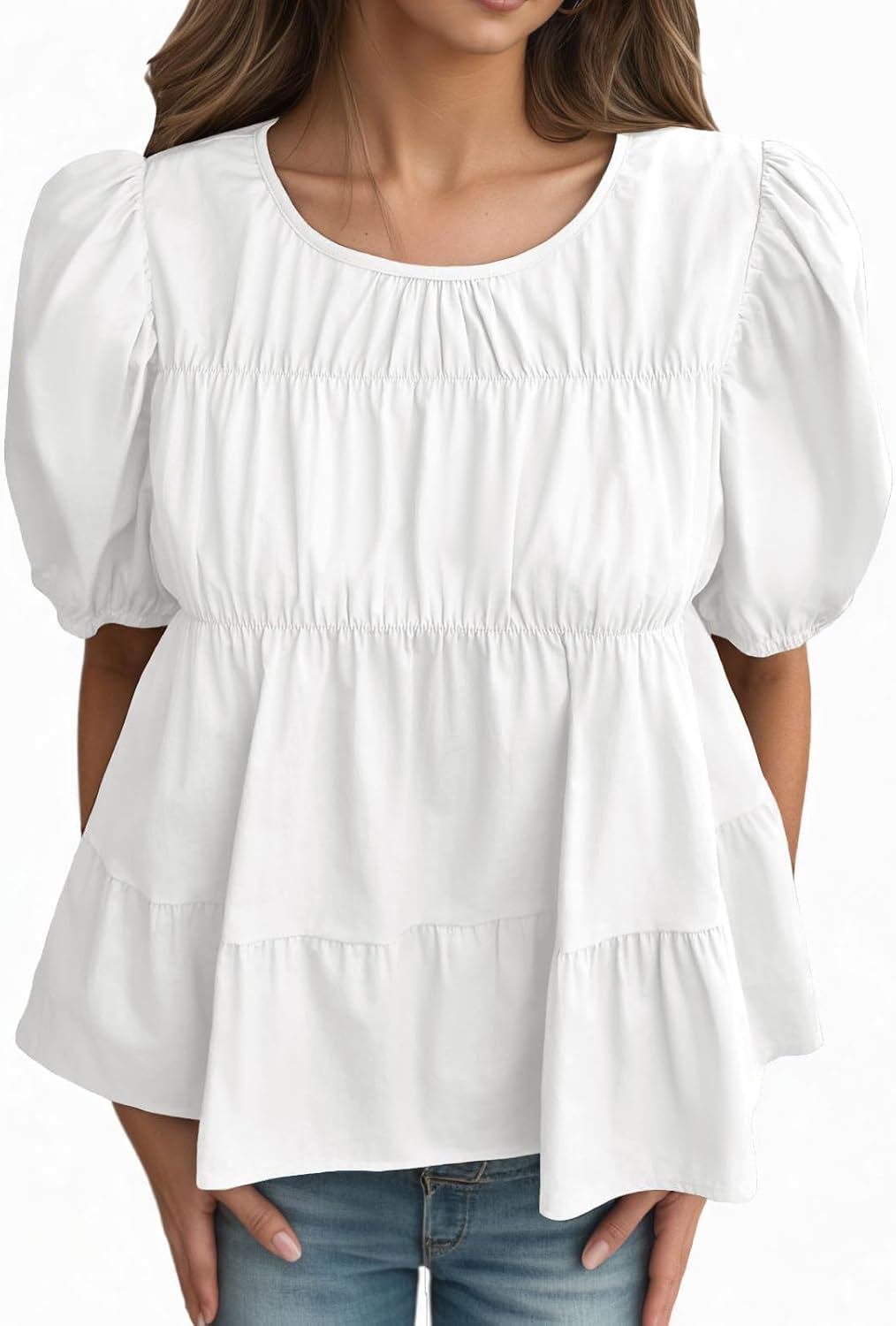 LAYOGAS Womens Peplum Babydoll Tops Summer Puff Sleeve Blouse Loose Fit Ruffled Hem T-Shirt - Image 3