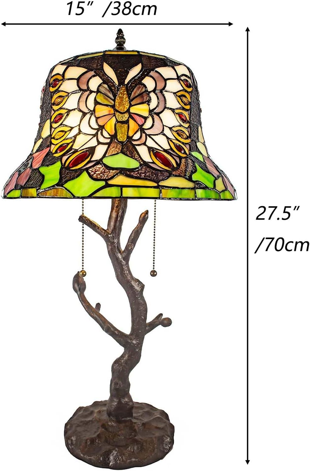 Bieye L10939 Butterfly Tiffany Style Stained Glass Table Lamp with Tree Trunk Base for Home Decor, 15" W x 27.5" H