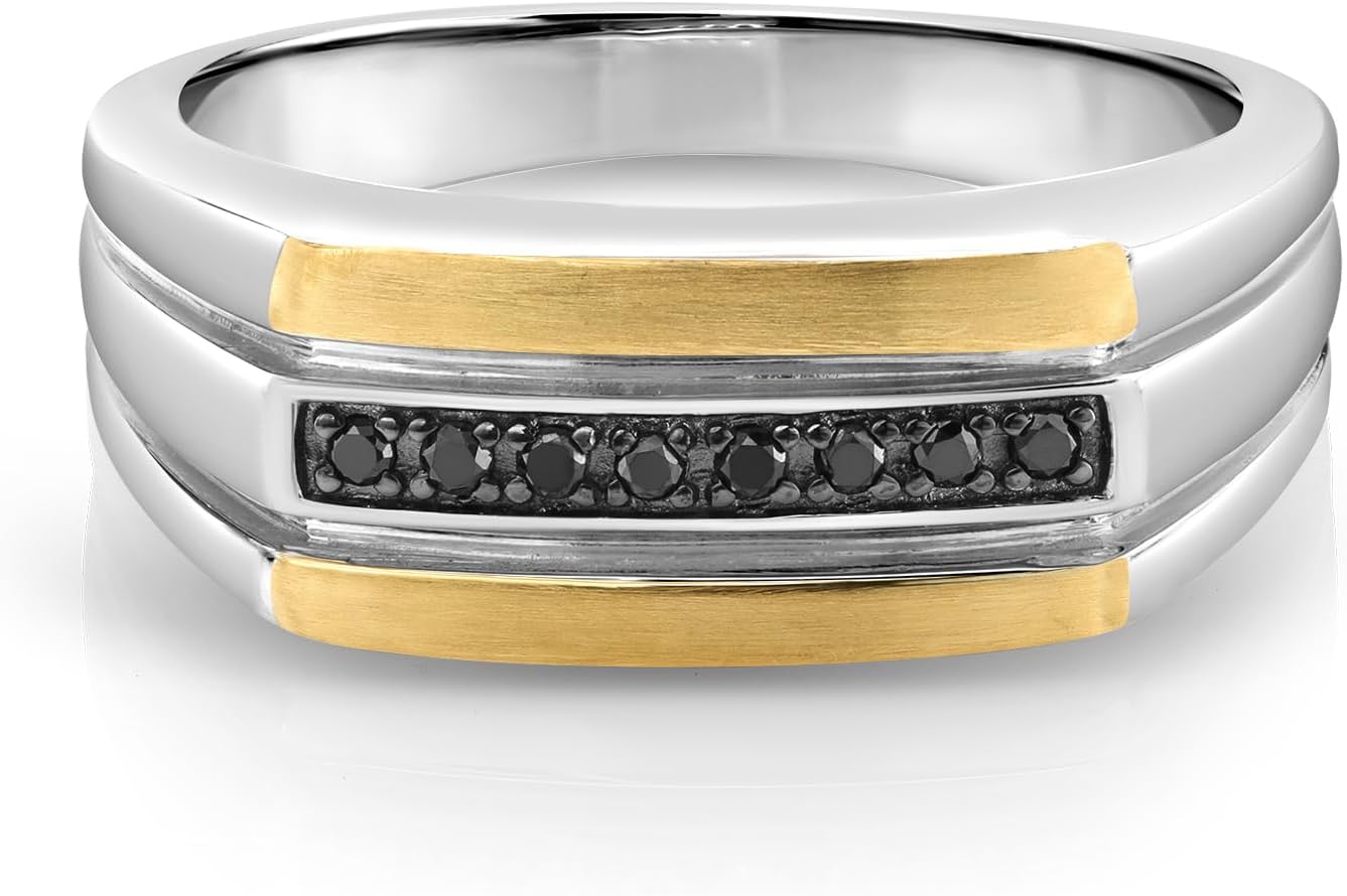 Gem Stone King Black Diamond Ring For Men | 925 Sterling Silver and 10K Yellow Gold | 0.10 Cttw | Top Width 8.5MM | Available In Size 7, 8, 9, 10, 11, 12, 13