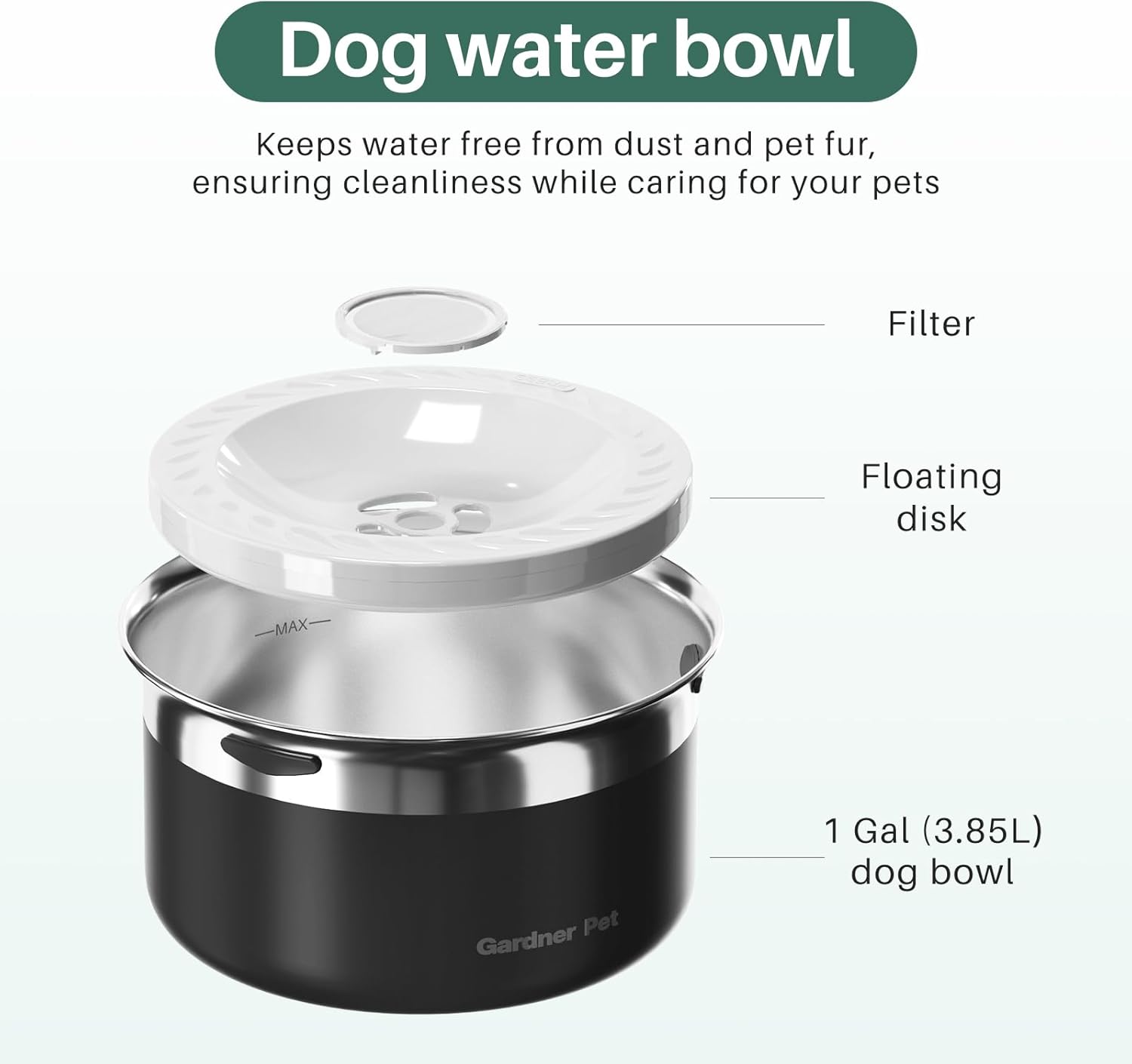 Gardner Pet Dog Bowls 1 Gallon (3.85L) Stainless Steel No Spill Water Bowl, Slow Water Feeder Metal Dog Bowls, Spill Proof Water Dispenser for Large Dogs, Promotes Healthy Hydration(Black)