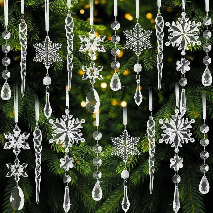 Christmas Tree Decorations 18Pcs(Ready to Hang), Acrylic Crystal Ornaments for Christmas Tree- Hanging Christmas Snowflake Decorations for Xmas Decor, Weddings, Frozen Birthday Parties 28-250620-001-AT