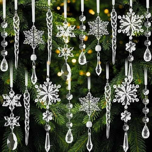 Christmas Tree Decorations 18Pcs(Ready to Hang), Acrylic Crystal Ornaments for Christmas Tree- Hanging Christmas Snowflake Decorations for Xmas Decor, Weddings, Frozen Birthday Parties