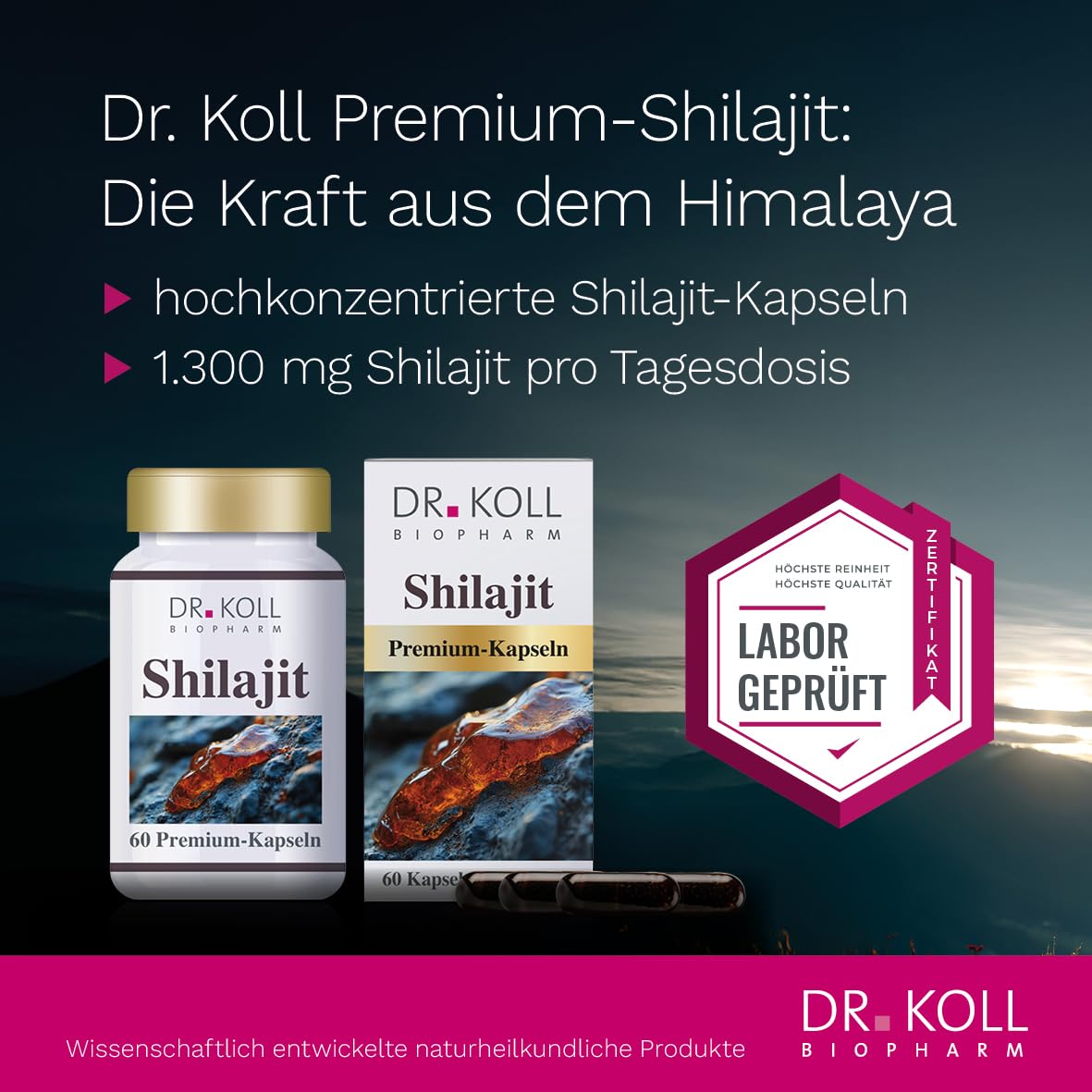 Shilajit Premium-Kapseln von Dr. Koll – hochkonzentriert 1.300mg & naturrein direkt aus dem Himalaya, laborgeprüft – 60 Kapseln, MADE IN GERMANY – vegan, gelatinefrei, laktosefrei, glutenfrei