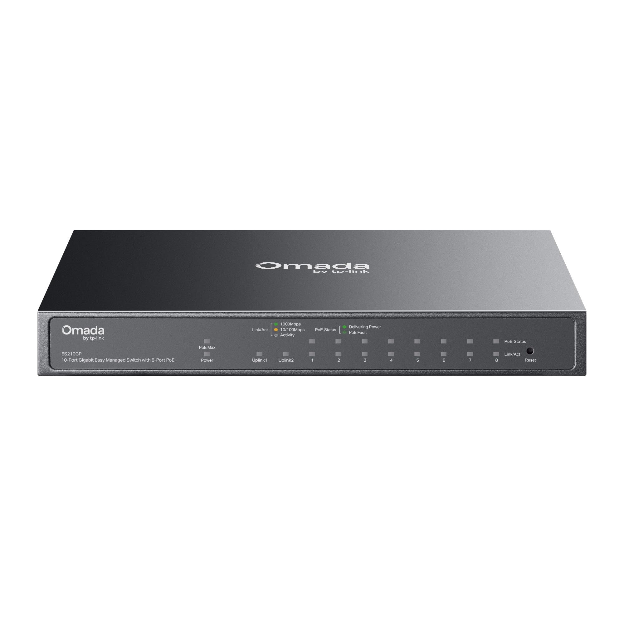 TP-Link Omada ES210GP, 10-Port Gigabit Easy Smart Switch, 63W Budget, 8 × PoE+ Ports, 1 × RJ45 + 1 × SFP Combo, Plug & Play, VLAN, QoS, PoE Auto-Wiederherstellung, Lüfterlos, Cloud-Verwaltung