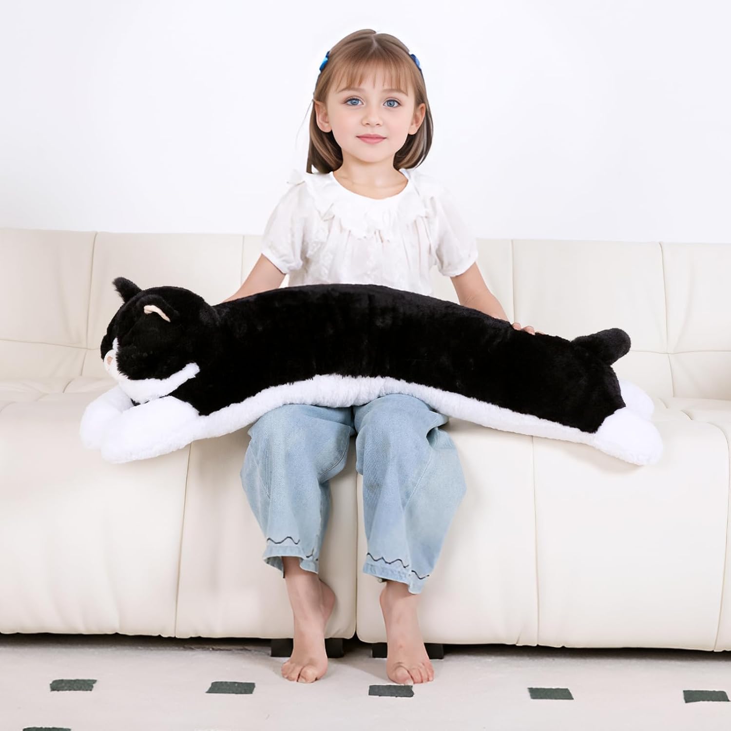 32 inch Large Stuffed Animal Cat Plush Toy, Big Long Cat Stuffed Animal Body Pillow, Black & White Kitty Stuffy Plushie Gift for Kids Boys Girls, Birthday
