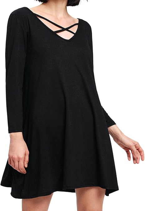 Romwe Damen Langarm Kleid Mit Kreuz V Ausschnitt A Linie Locker Lassig T Shirt Kleider Schwarz Xl Amazon De Fashion 
