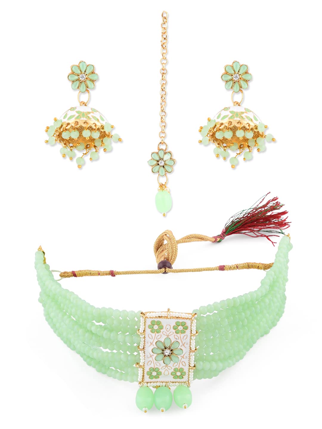ZAVERI PEARLS Green Meenakari Crystal Beads Multistrand Necklace Earring & Maangtikka Set For Women-ZPFK10275 (B093Y6Q88H) Amazon Price History, Amazon Price Tracker
