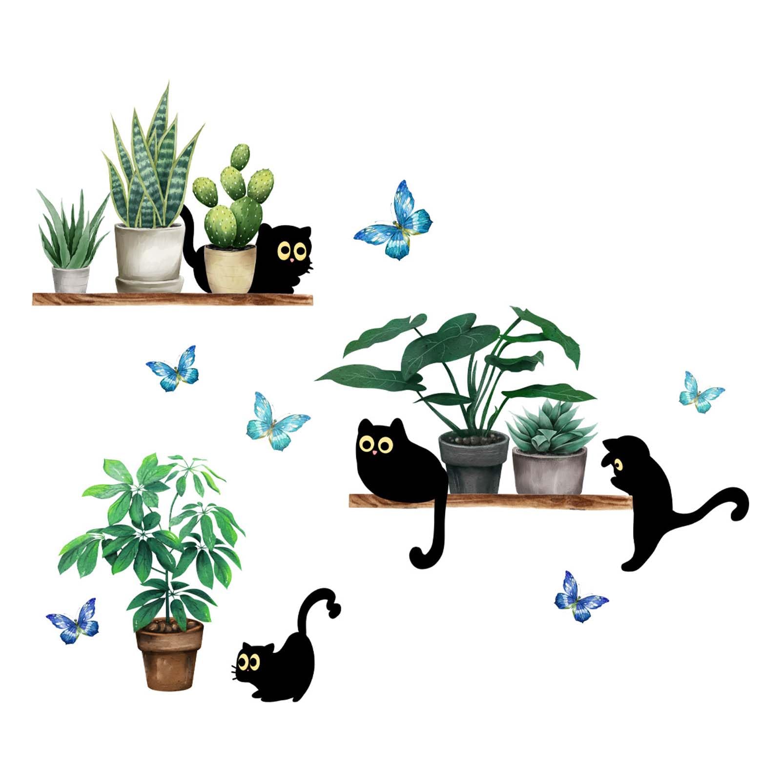 FUFUQUARE Green Potted Plant Black Kitten Wall Stickers
