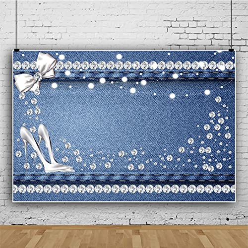 AOFOTO 5x3ft Blue Denim and Diamond Backdrop Glitter Diamonds Crystal Heels Bowknot Photography Background for Woman Girls Birthday Party Decor Dessert Table Banner Vinyl Photoshoot Props Studio by AOFOTO - Used condition - US$8.02
