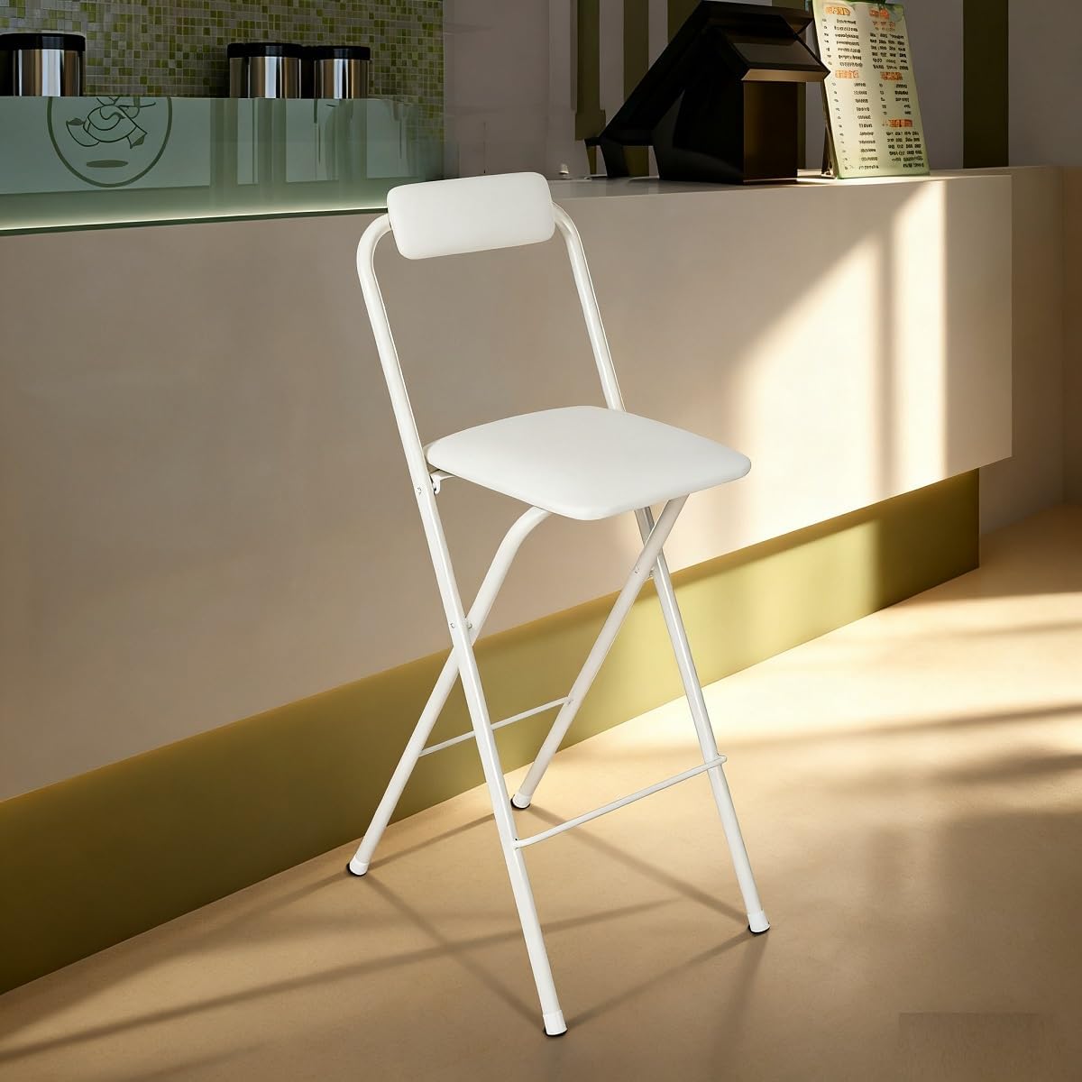 Folding Bar Stool with Backrest, 27.56" Counter Height Portable Cushioned Stool, Metal Frame Tall Chair for Kitchen Island Dining Room Cafe Dessert Shop 1 PCS Easy Storage (White)