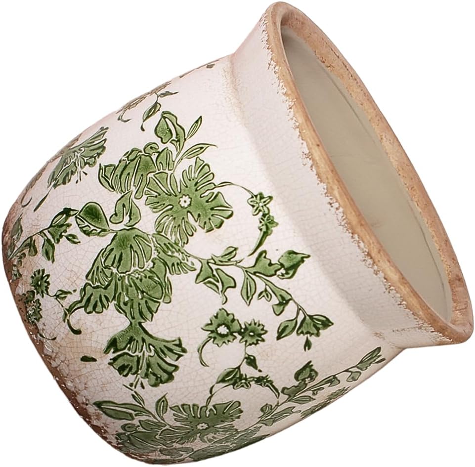 Xiaan Jiaju Vintage Farmhouse Ceramic Planter & Kitchen Utensil Holder - 6.21 Inch Tuscan Rustic Plant Pot with Drainage for Indoor/Outdoor Use, Garden & Home Decor, Unique Gift (Green Leaf)