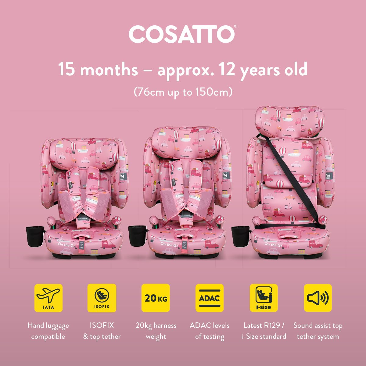 Cosatto Asiento de coche plegable para llevar, de 15 meses a 12 años, 76-150 cm, asiento de viaje ISOFIX portátil, ultracompacto y ligero, protección contra impactos laterales y bolsa de viaje