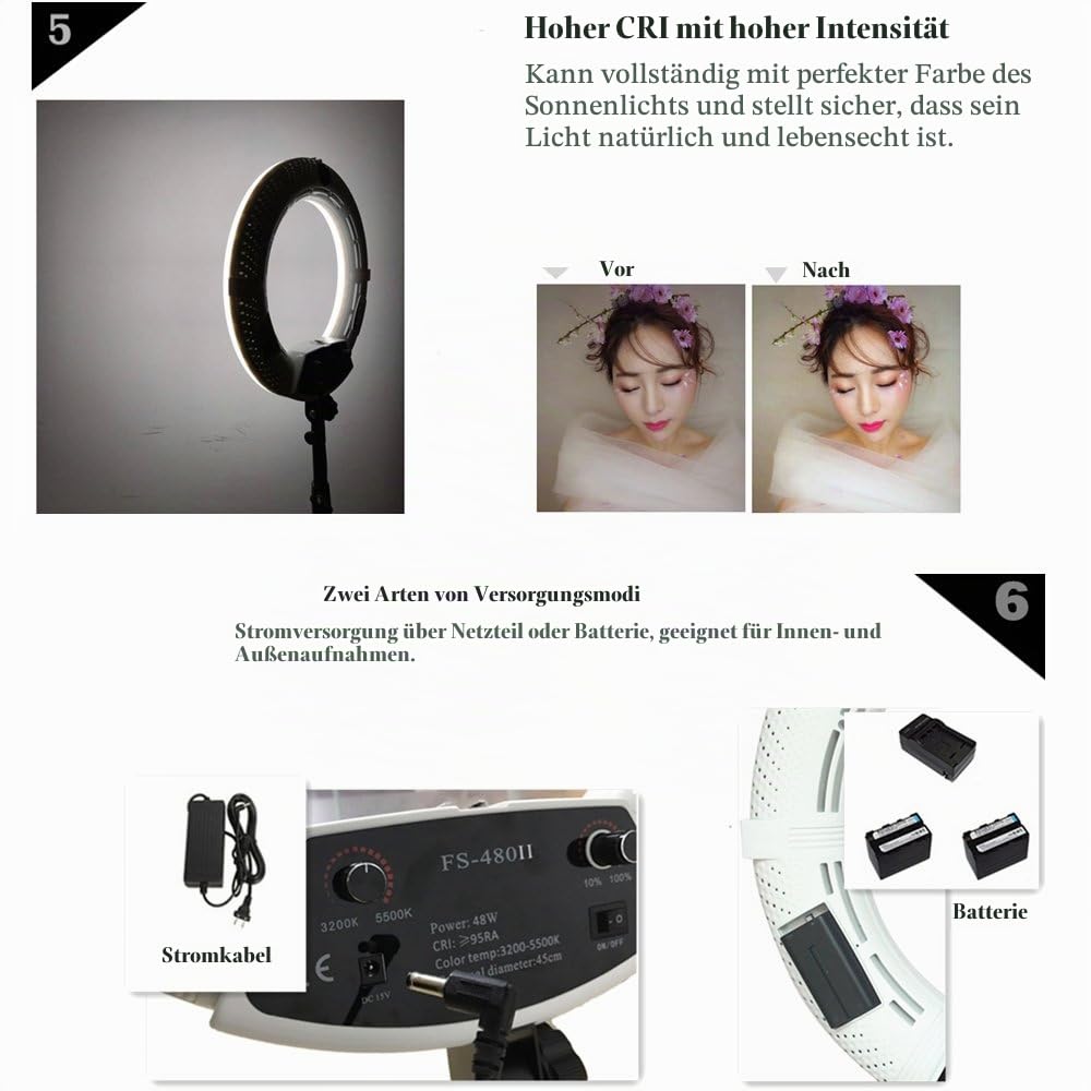 18 "LED Ringlicht Kit zweifarbig dimmbar Fotostudio Video Portrait Film Selfie Youtube Fotografie Beleuchtungsset mit Handy- / Kamerahalter, Kosmetikspiegel, Ständer und Reisetasche