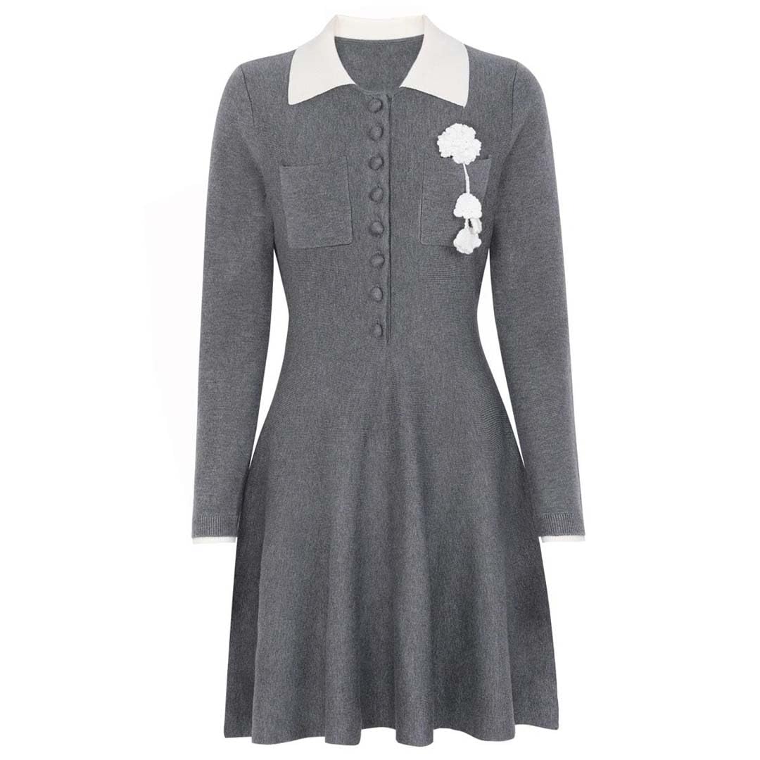 Vestido de fiesta de punto corto para mujer, manga larga, cuello de solapa, ajustado, elegante vestido
