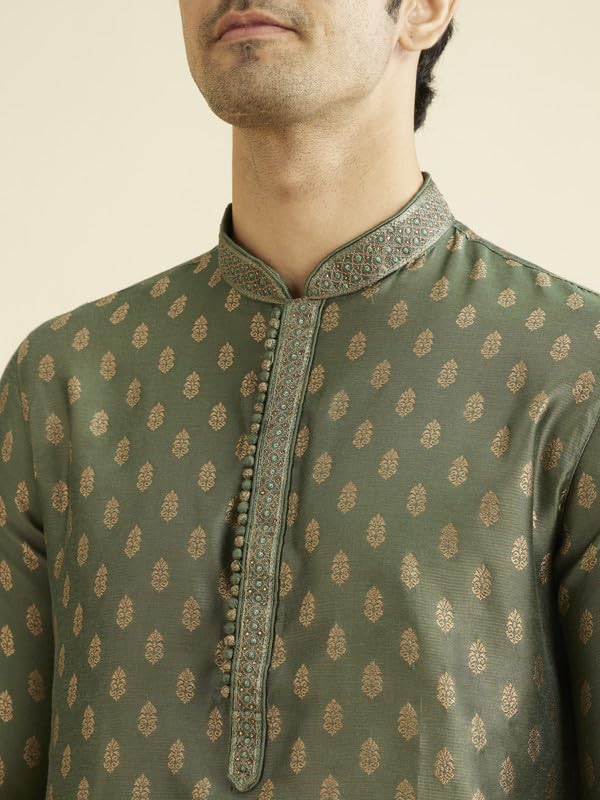 Image of Manyavar Embroidered Knee Long Kurta and Churidar Set for Men - (Bottle Green, 3X-Large)