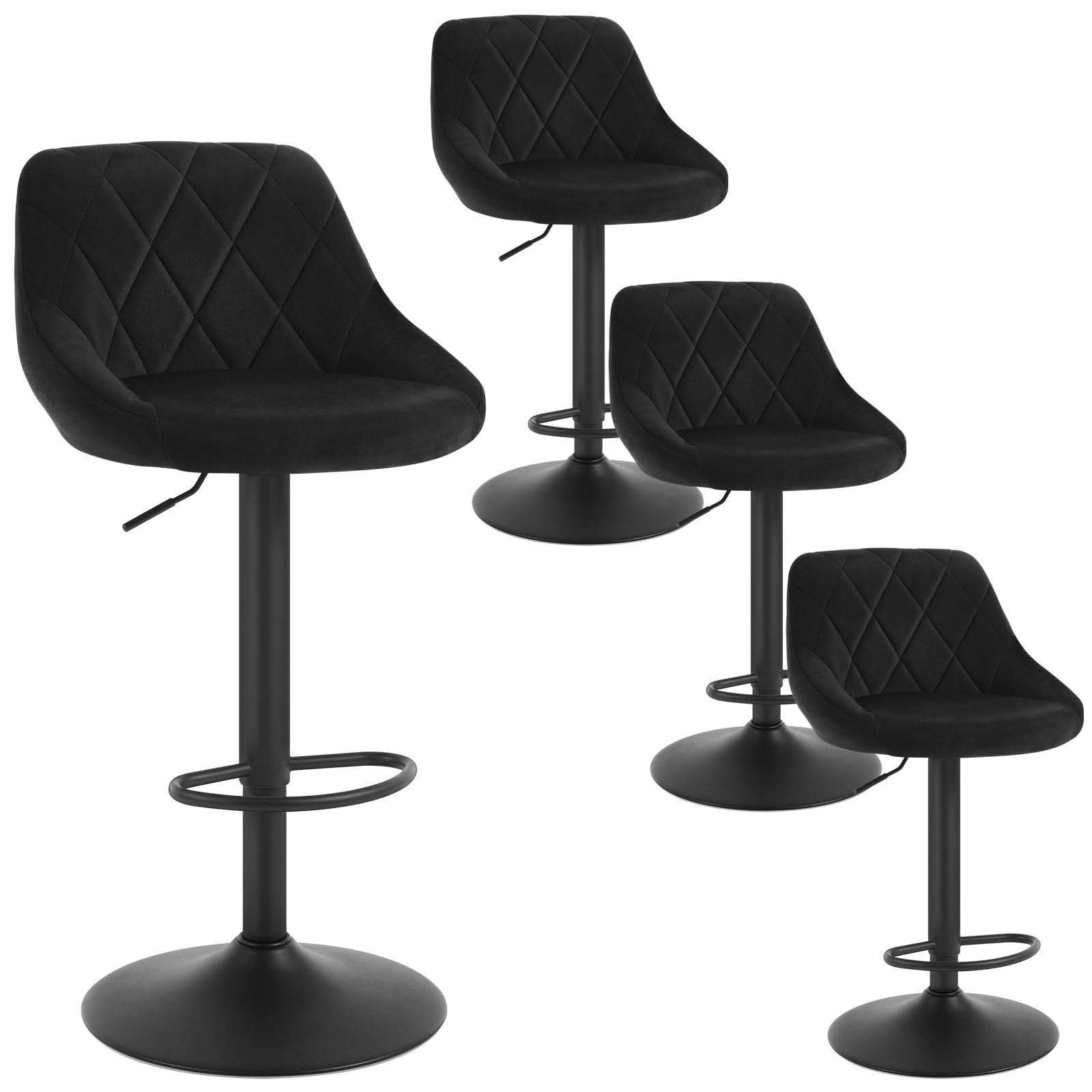 WOLTU Juego de 4 Taburetes de Bar con Respaldo, Taburete Alto Cocina Regulable en Altura Giratorio Sillas, Terciopelo, Negro