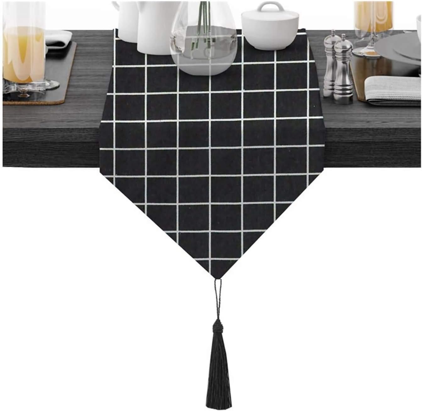 Table Runners Modern,30x280CM,Lattice Pattern with Tassel Festive Table Runner Cotton,Table Runner Decoration Black