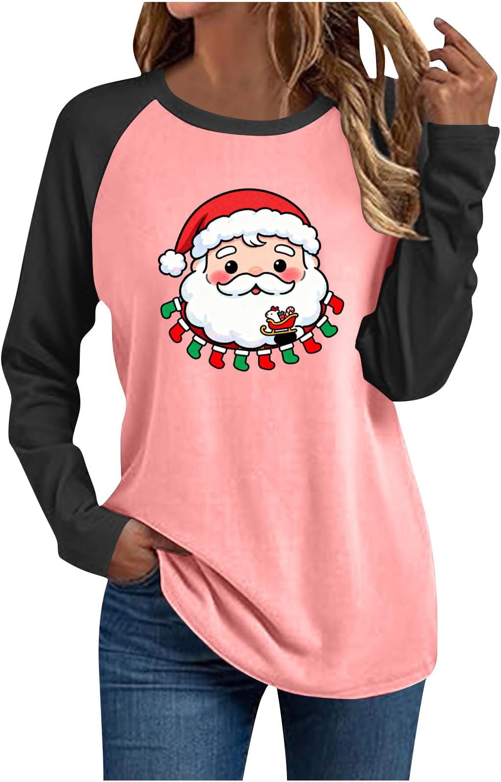Women's Christmas Santa Claus Shirts Raglan Long Sleeve Color Block Tshirt Cute Baseball Tunic Tops Blouse
