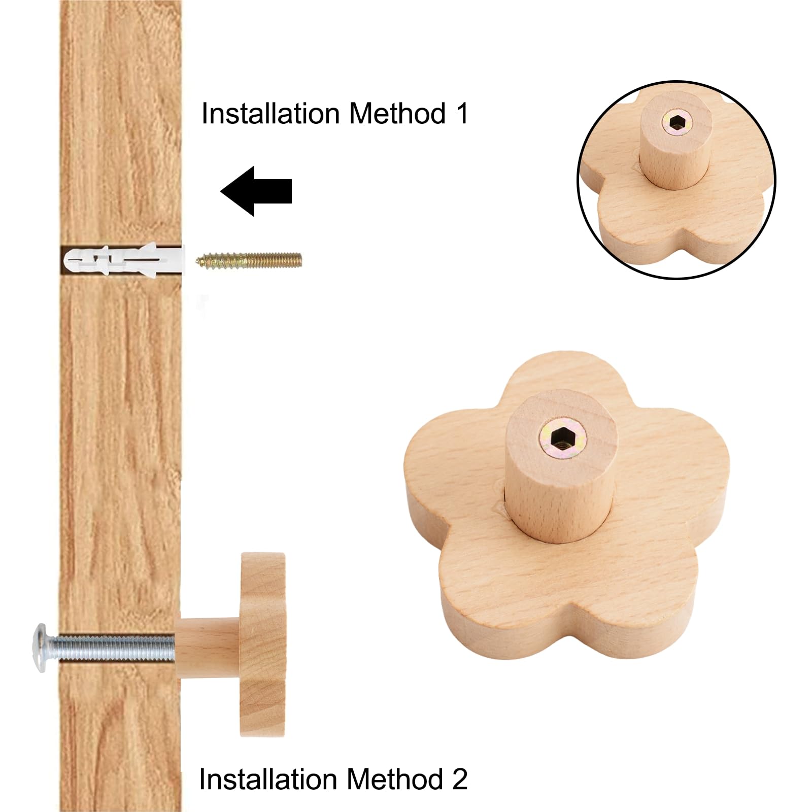 MOROBOR Maniglie in legno a forma di fiore, legno naturale, maniglie per armadi da cucina, a foro singolo, maniglie in legno di faggio per soggiorno, cameretta, con viti e tubo di espansione, 12 pezzi