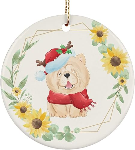 Cute Baby Chow Chow Dogs Ornament Sunflower Wreath Pine Tree Decor - Funny Little Chow Chow Circle Ornaments Ceramic 3" Art Printed with Ribbon
