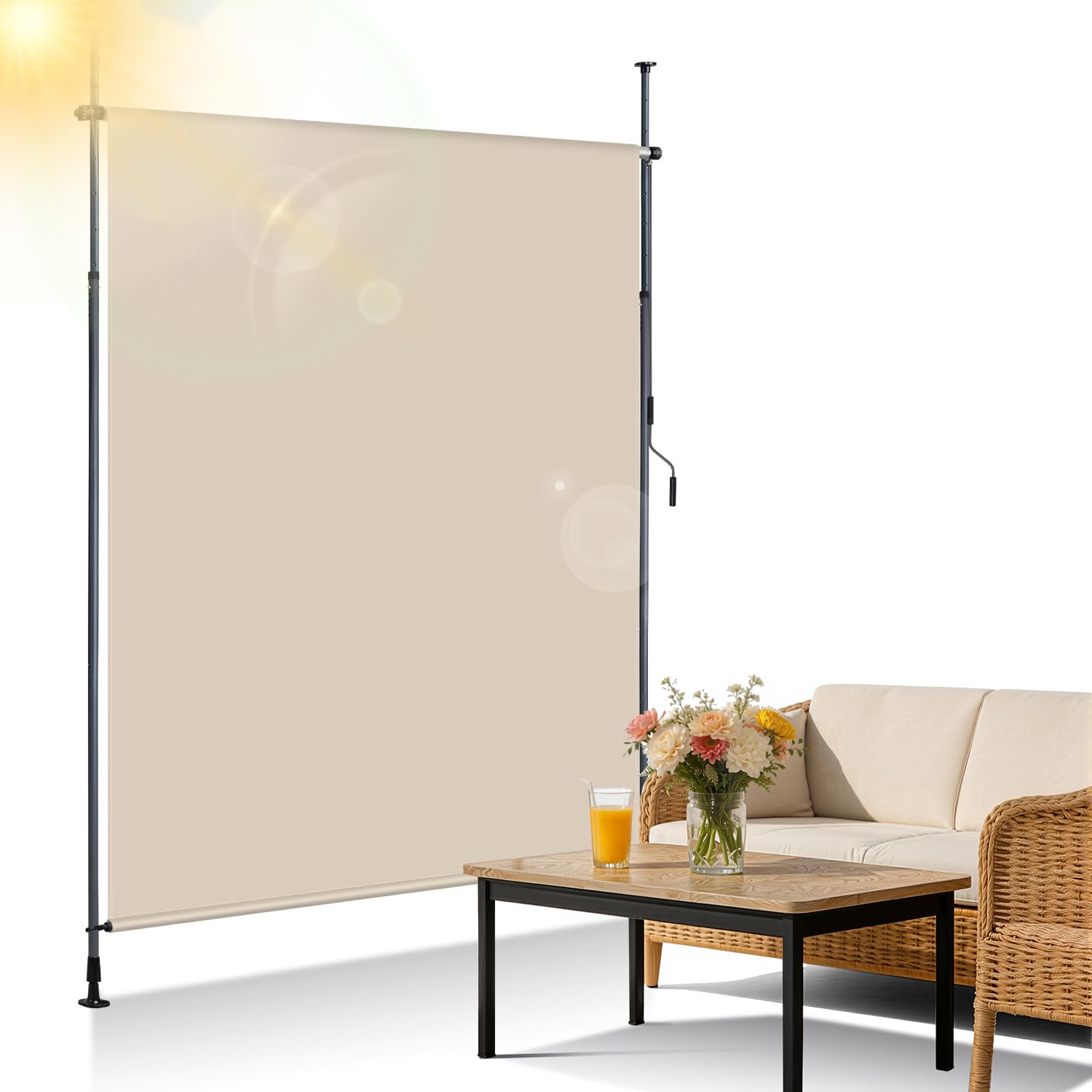 Ollewiellan Klemmmarkise Senkrechtmarkise außen 120x305cm Ausziehbar | Vertikalmarkise mit Handkurbel ohne Bohren | Balkon-Sichtschutz & Windschutz für Garten & Terrasse, Beige