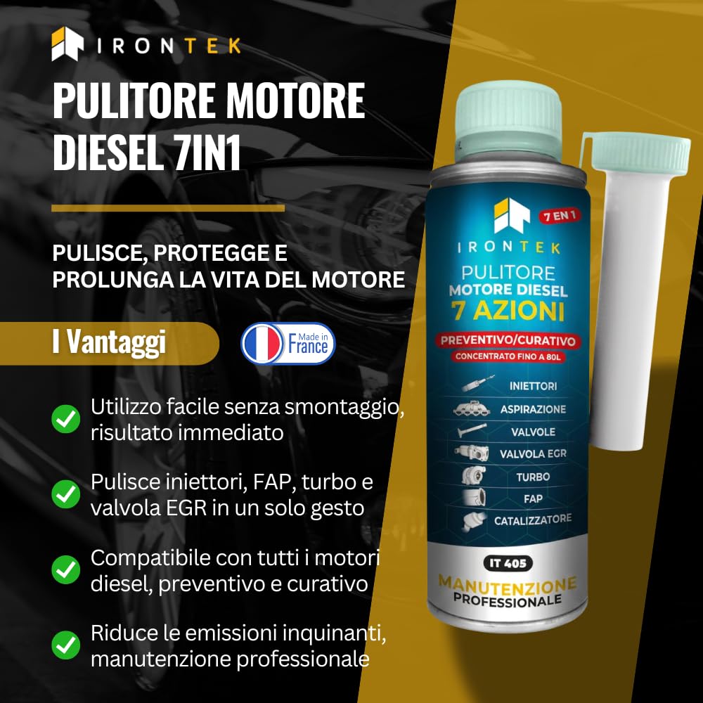 Pulitore 7in1 Motore Diesel - IRONTEK - 375ml | IT405 | 7 Azioni | Rigenerazione FAP Turbo EGR Iniettori | Formula Concentrata Preventiva e Curativa