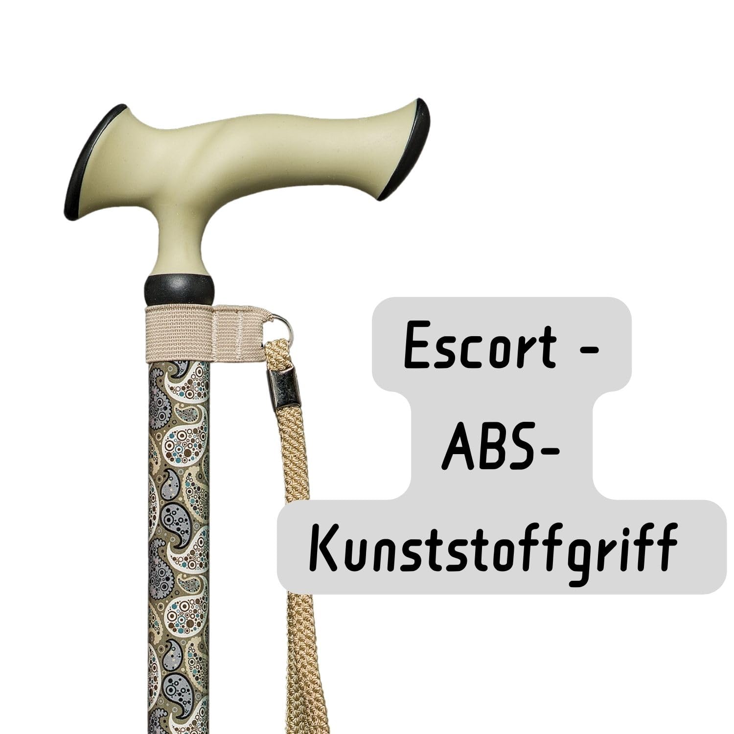 Neck-Escort Gehstock höhenverstellbar Aluminium + Olanmarp Klettarmband | Ergonomischer Griff mit Gummiüberzug, Paisley-Dekor, Handschlaufe, rutschfester Gummipuffer – stilvoll & sicher