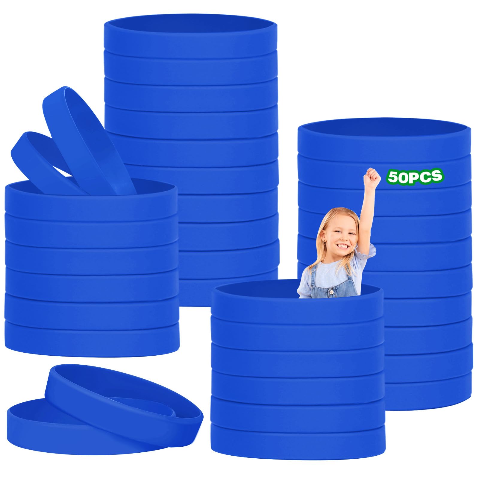 HONTIUS 50PCS Silicone Wristbands for Kids, Rubber Wristbands Blank Wrist Bands Universal Wristband Set Bulk for Teens Sport Suitable for 3-7 aged Blue